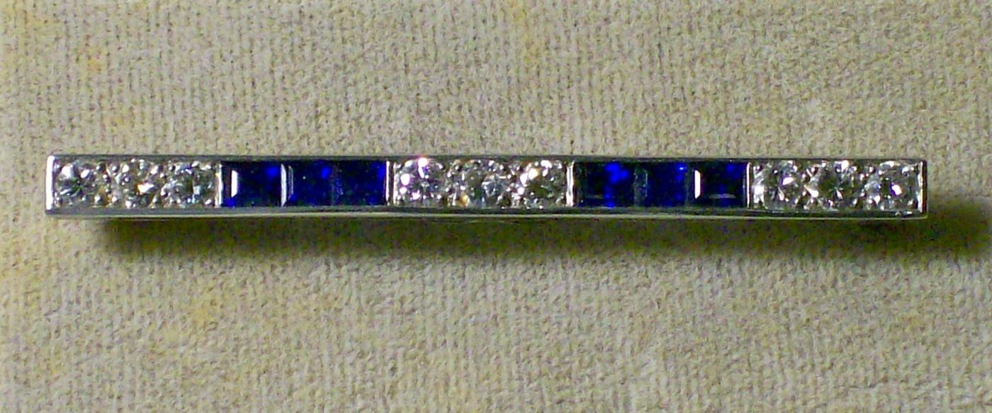 Platinum/Diamond/Sapphire Art Deco Bar Pin Ca. 1930 Signed J.E. Caldwell