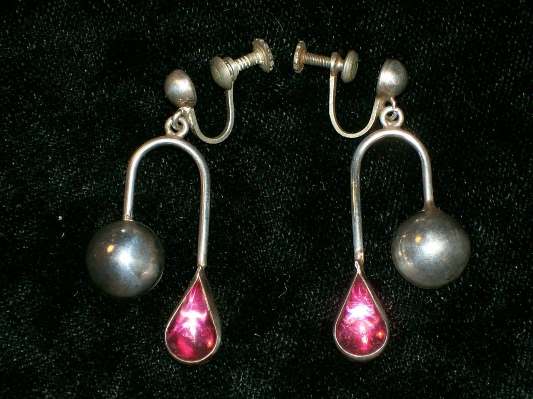 Mexican Sterling Silver Earrings Pink Teardrops Signed J.R.R.