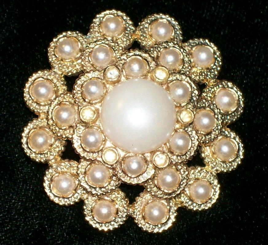 Sarah Coventry Brooch/Pin 1960s-70s Faux Pearl/Rhinestone Mound 1.75