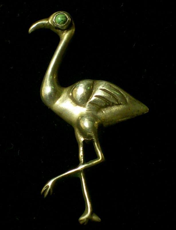 Mexican Silver Flamingo Bird Pin with Turquoise Eye