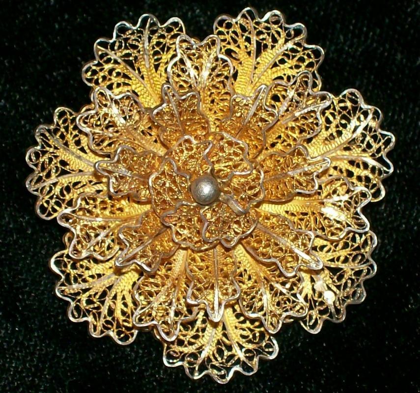 Vintage Miriam Haskell-Style Filigree Brooch/Pin Gold-Tone 1.75