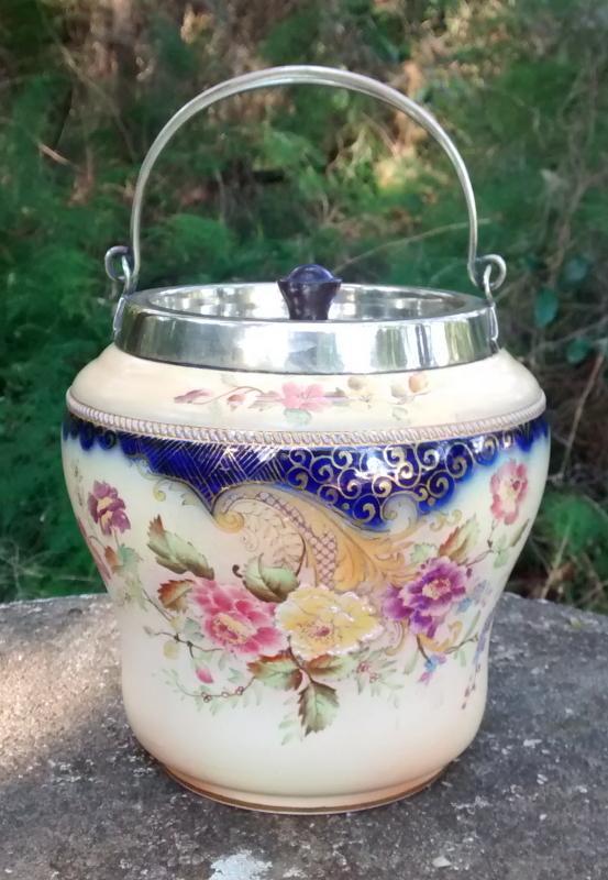 Carlton Ware Biscuit Barrel #6883/5 Blush/Cobalt Floral Ca. 1900
