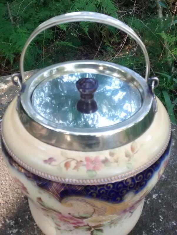 Carlton Ware Biscuit Barrel #6883/5 Blush/Cobalt Floral Ca. 1900