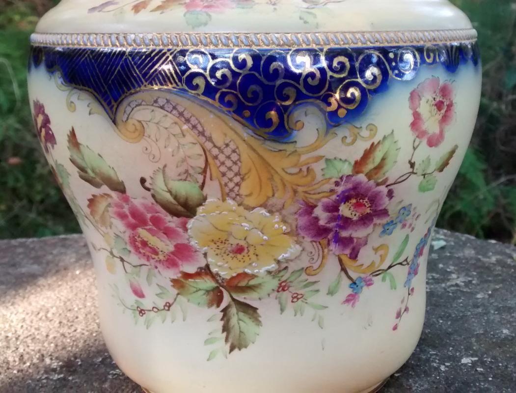 Carlton Ware Biscuit Barrel #6883/5 Blush/Cobalt Floral Ca. 1900