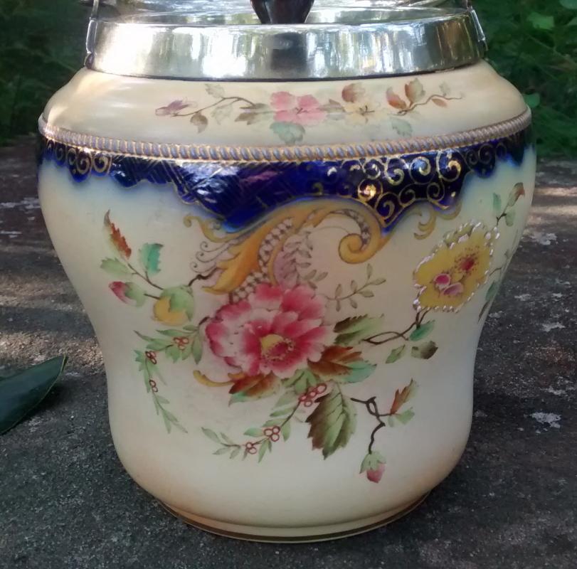 Carlton Ware Biscuit Barrel #6883/5 Blush/Cobalt Floral Ca. 1900