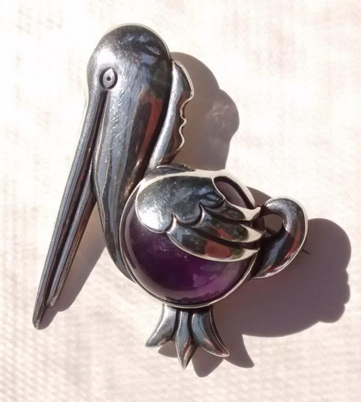 H. Aguilar Taxco 940 Silver/Amethyst Pelican Brooch/Pin 1955-65
