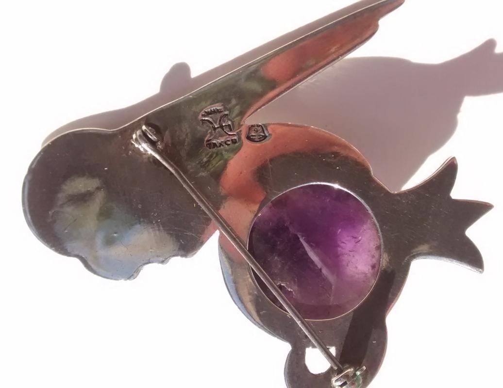 H. Aguilar Taxco 940 Silver/Amethyst Pelican Brooch/Pin 1955-65