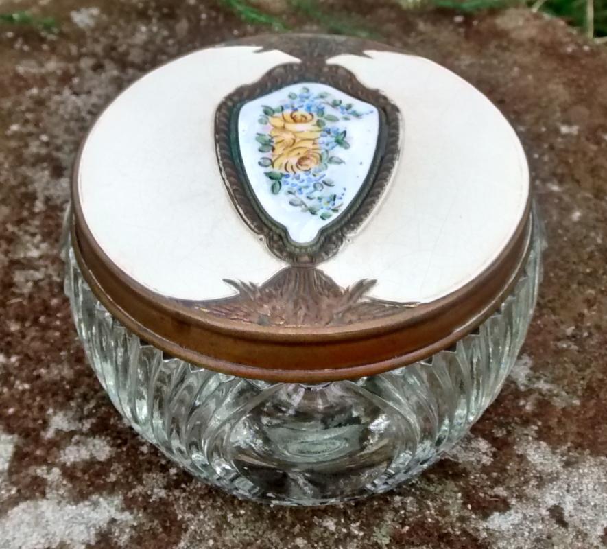 Saart Brothers Bronze & Glass Dresser Jar Enameled Flowers 1920s
