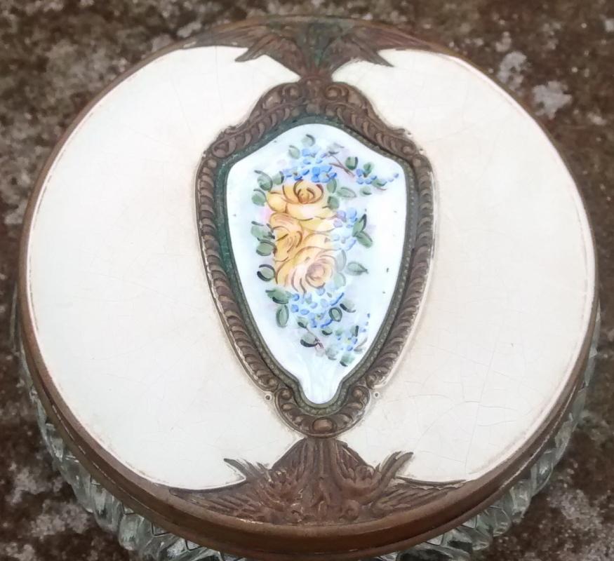 Saart Brothers Bronze & Glass Dresser Jar Enameled Flowers 1920s