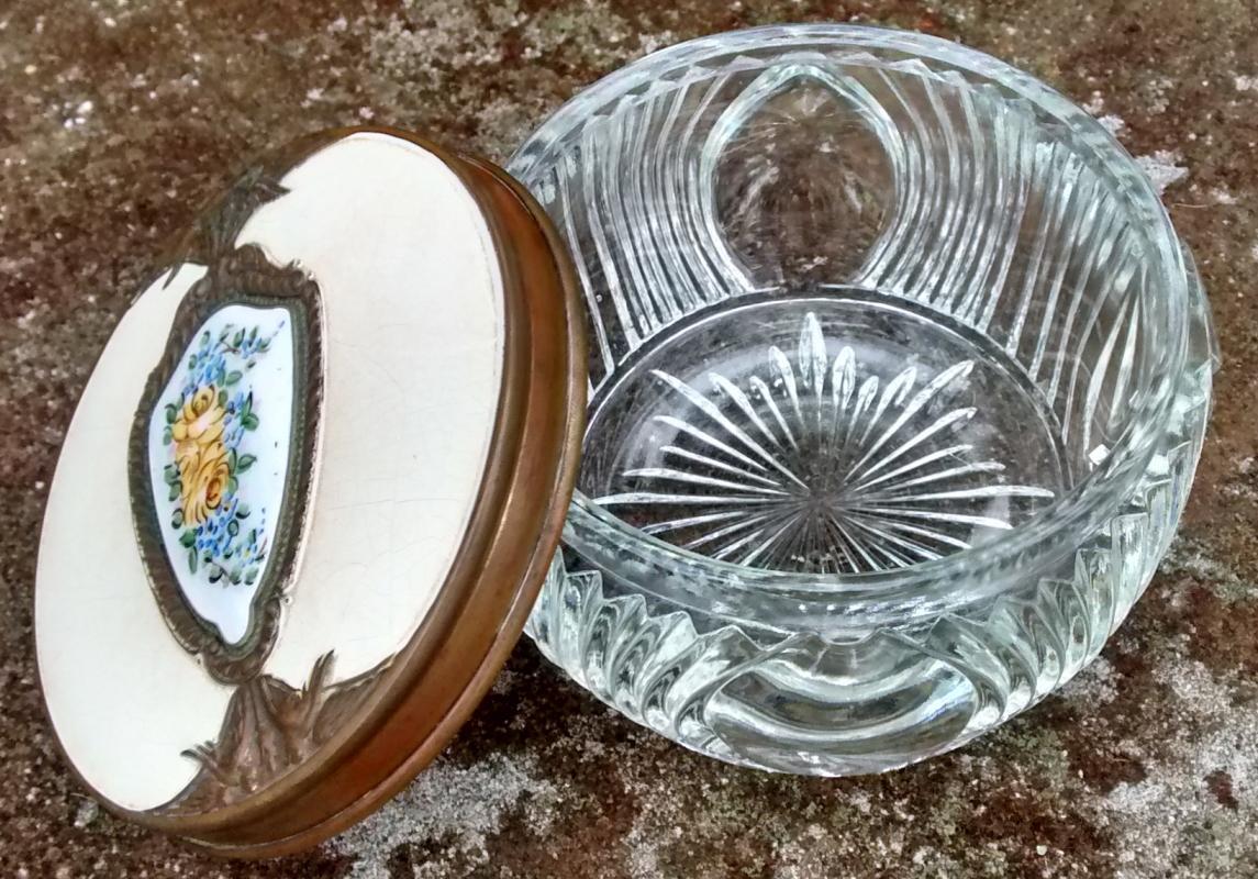 Saart Brothers Bronze & Glass Dresser Jar Enameled Flowers 1920s