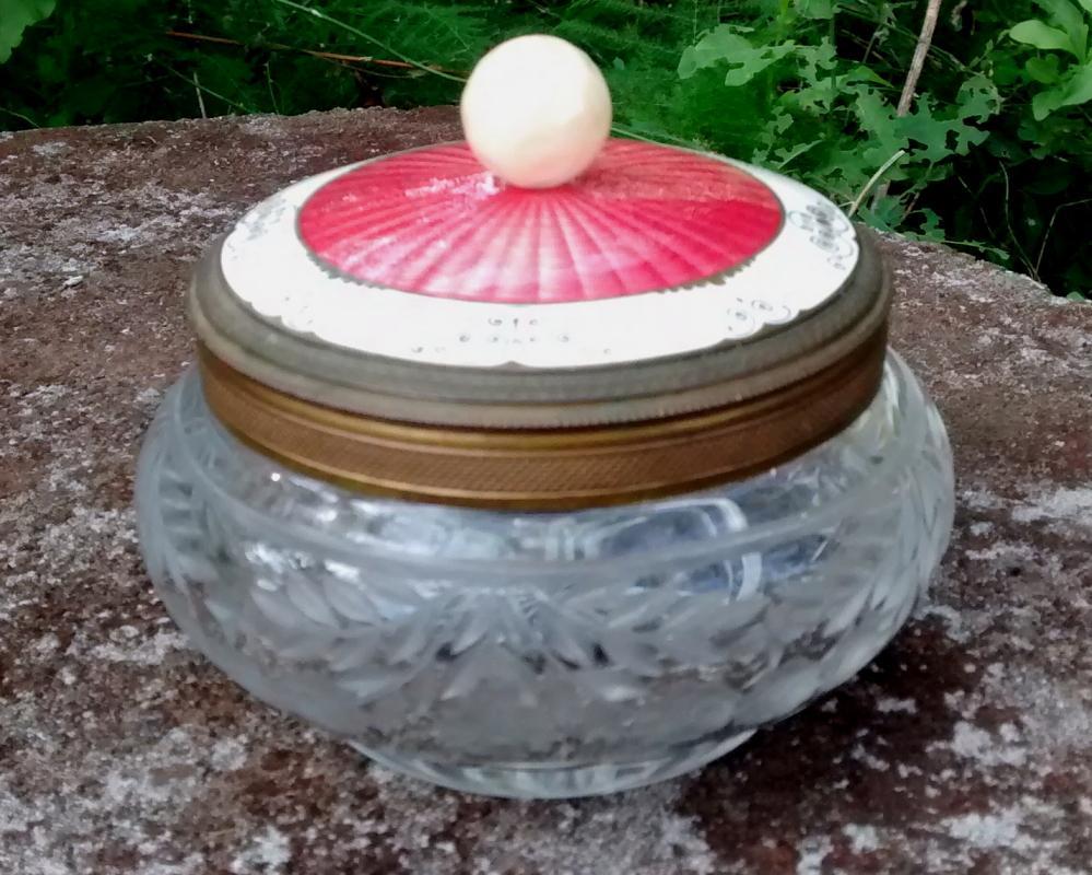 Austrian Guilloche Enamel & Engraved Crystal Dresser Jar 1890s-1920s