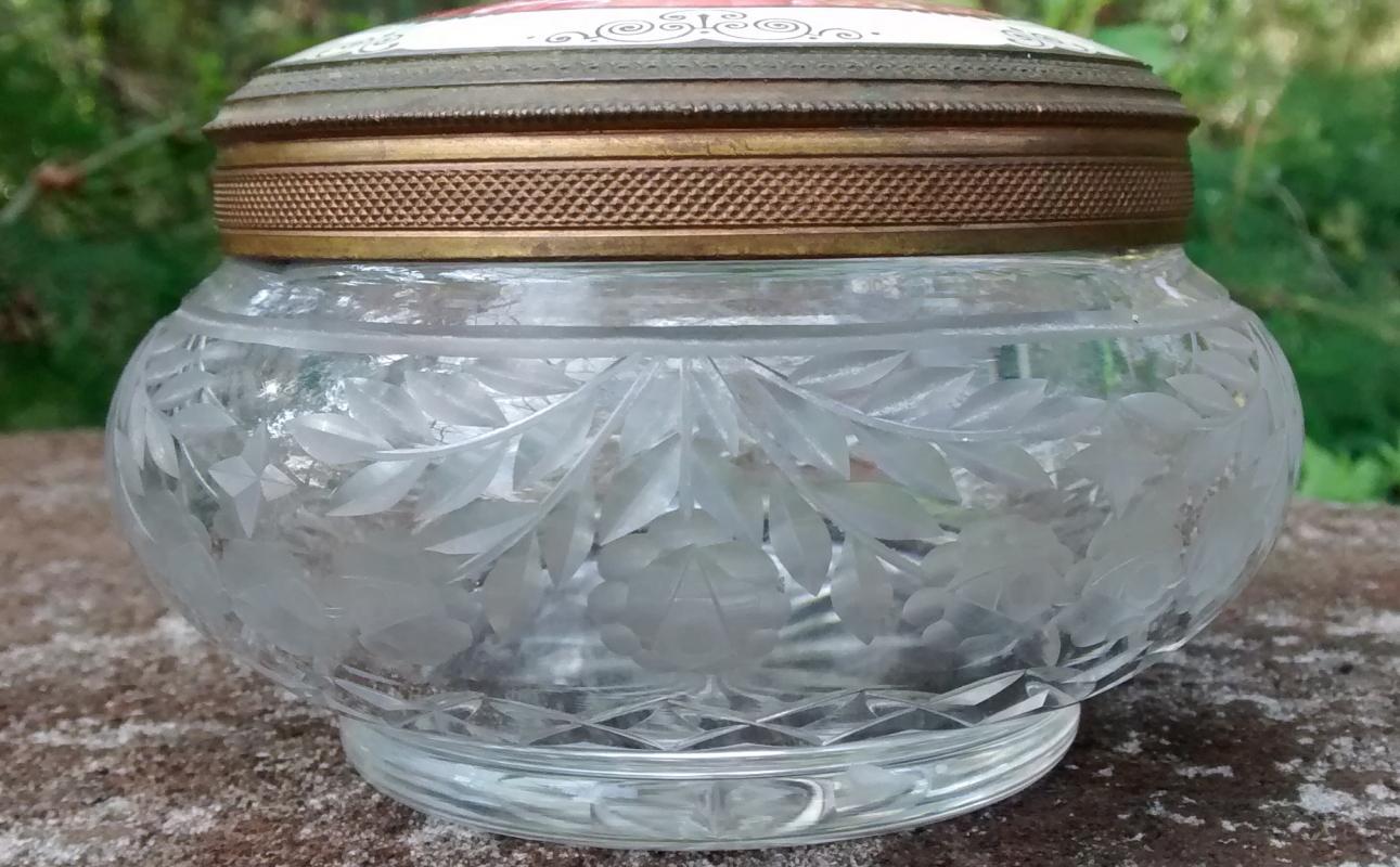 Austrian Guilloche Enamel & Engraved Crystal Dresser Jar 1890s-1920s