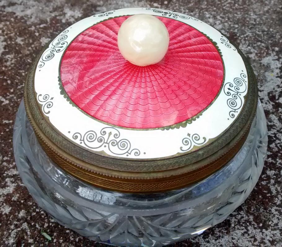 Austrian Guilloche Enamel & Engraved Crystal Dresser Jar 1890s-1920s