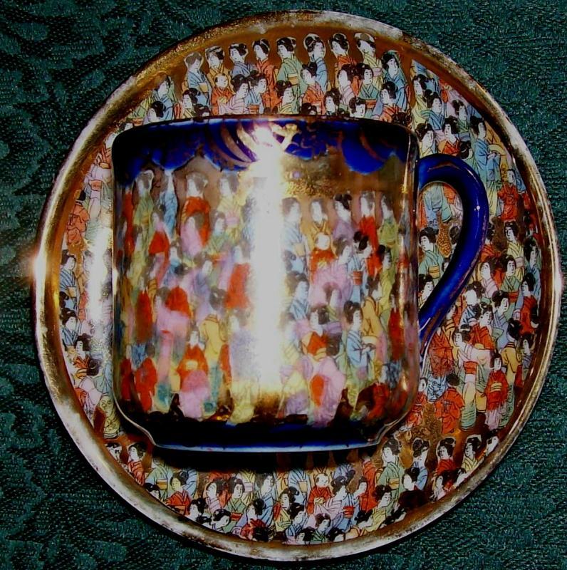 Tashiro Thousand Geisha/Faces Porcelain Cup & Saucer Cobalt Blue/Gold