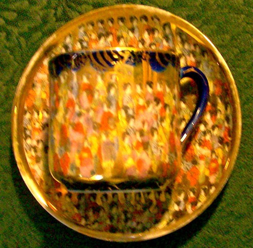 Tashiro Thousand Geisha/Faces Porcelain Cup & Saucer Cobalt Blue/Gold