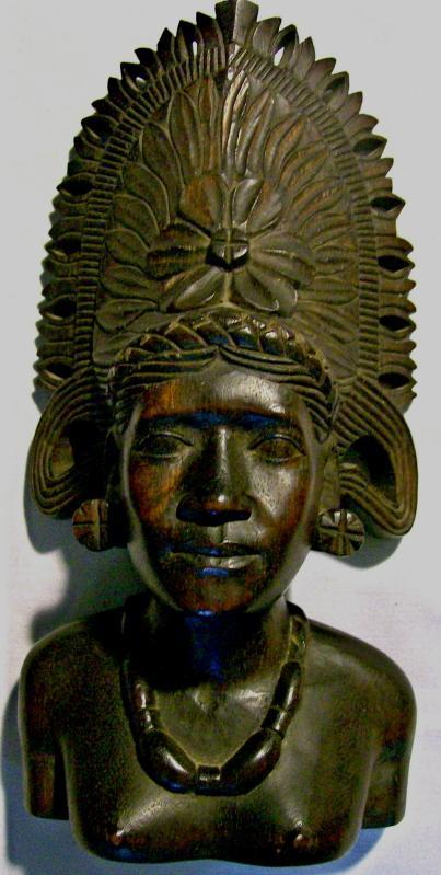 Tropical Hardwood Carving Bust of Woman w/ Headdress Polynesian?