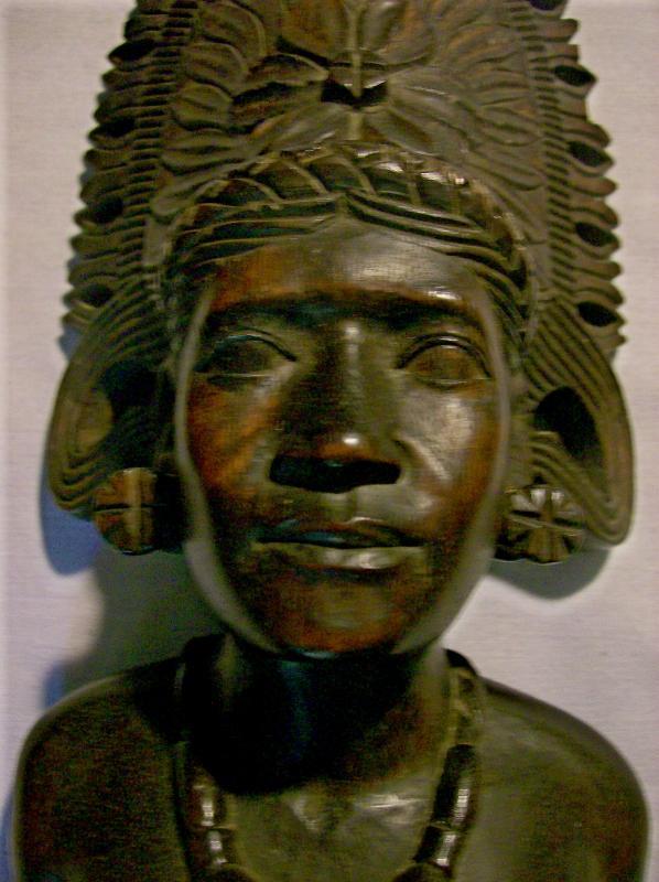 Tropical Hardwood Carving Bust of Woman w/ Headdress Polynesian?
