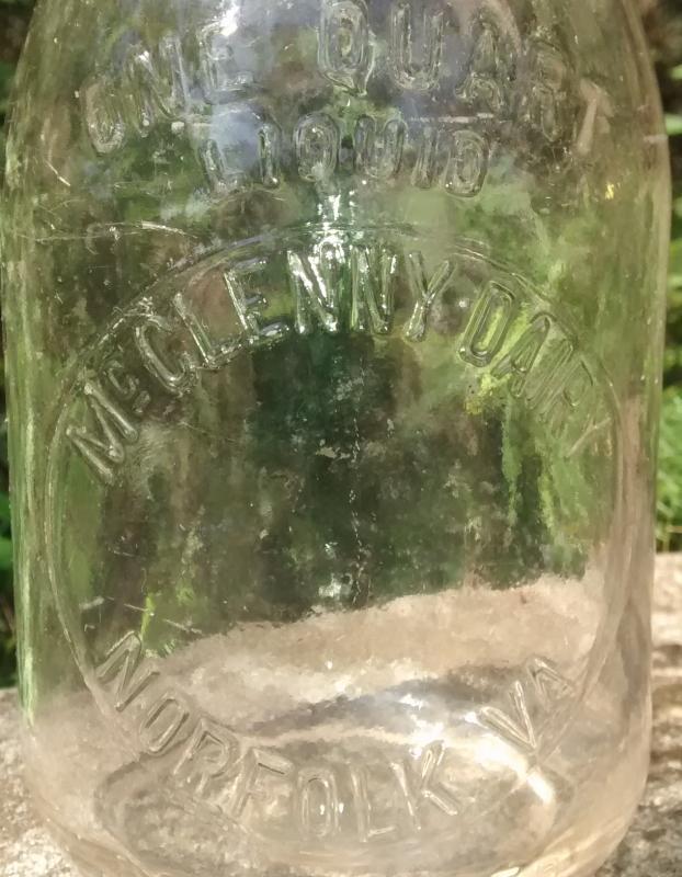 McClenny Dairy Milk Bottle Norfolk Virginia Clear Glass Quart 1930s-40s