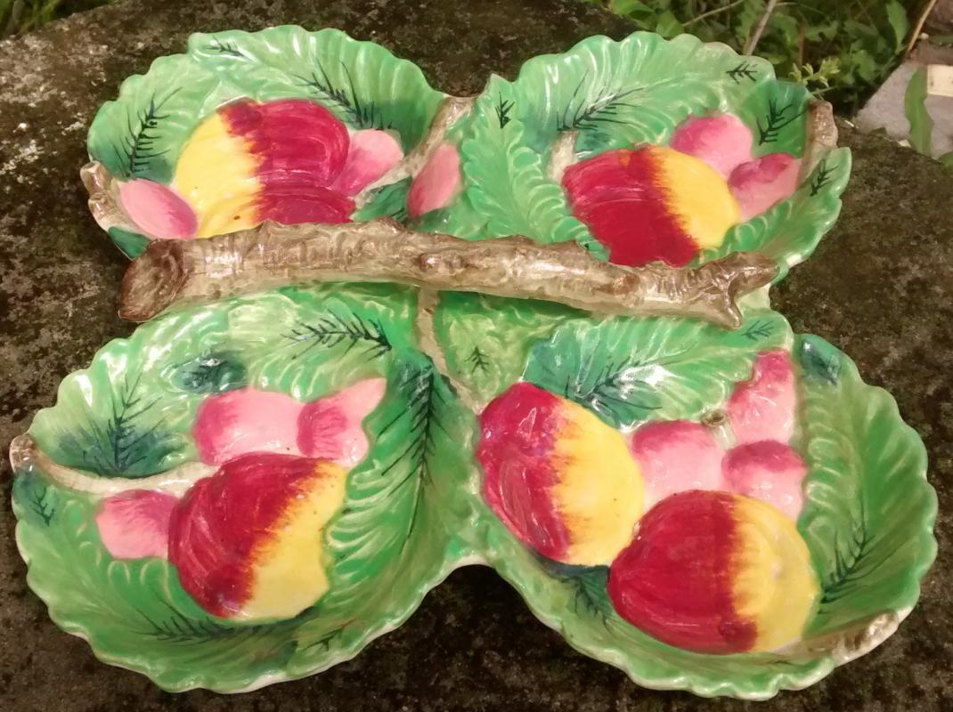 Majolica Ceramic 4-Part Server Leaves/Fruit/Branch Handle 9.5