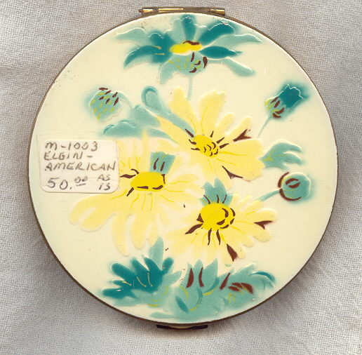 Elgin American Enameled Brass Compact 1950's Yellow Flowers