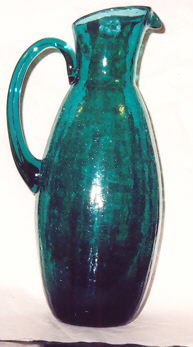 Crackle Glass Pitcher in Teal Green 1950's-60's 12