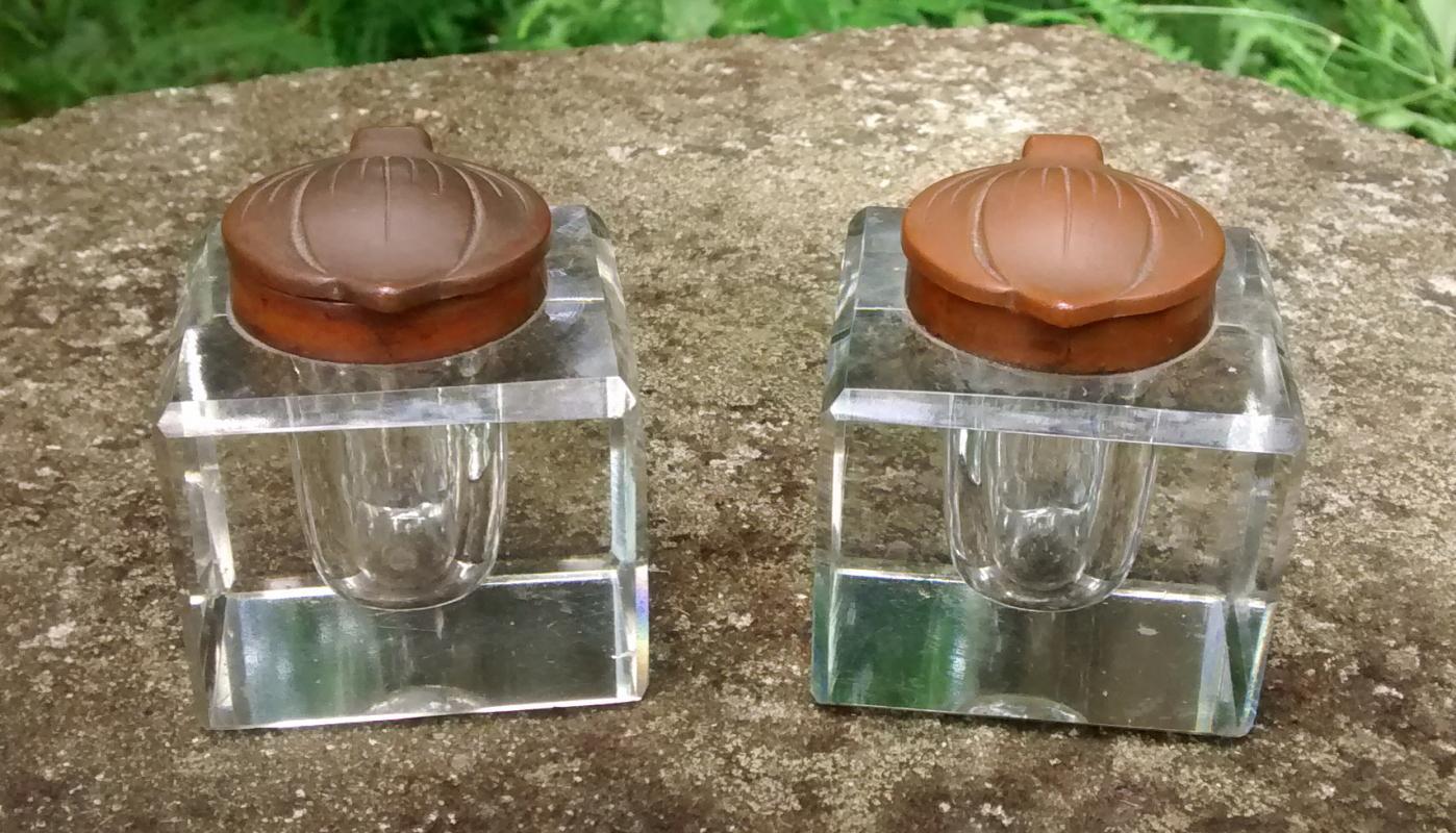 Art Nouveau Ink Well Pair Bronze Petal Lids Crystal Bases 1870s