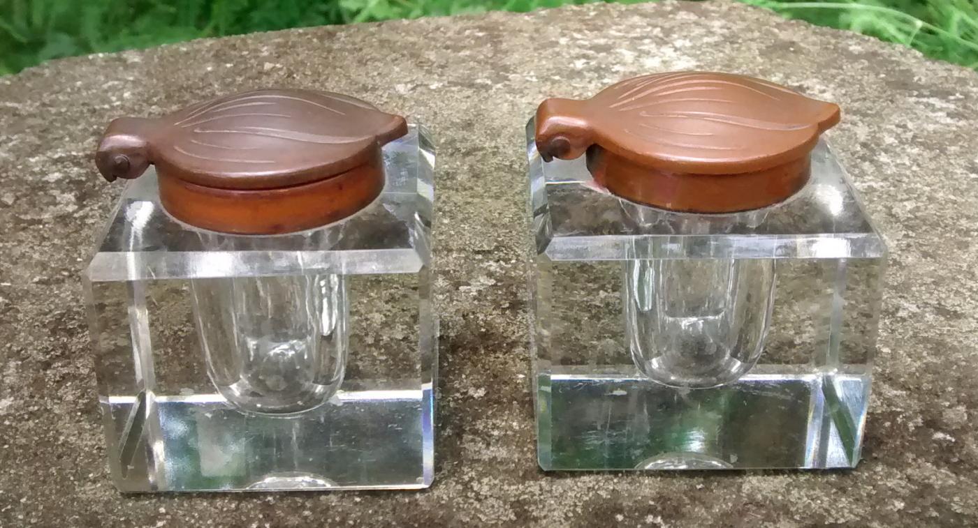Art Nouveau Ink Well Pair Bronze Petal Lids Crystal Bases 1870s
