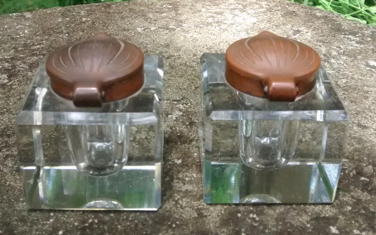 Art Nouveau Ink Well Pair Bronze Petal Lids Crystal Bases 1870s