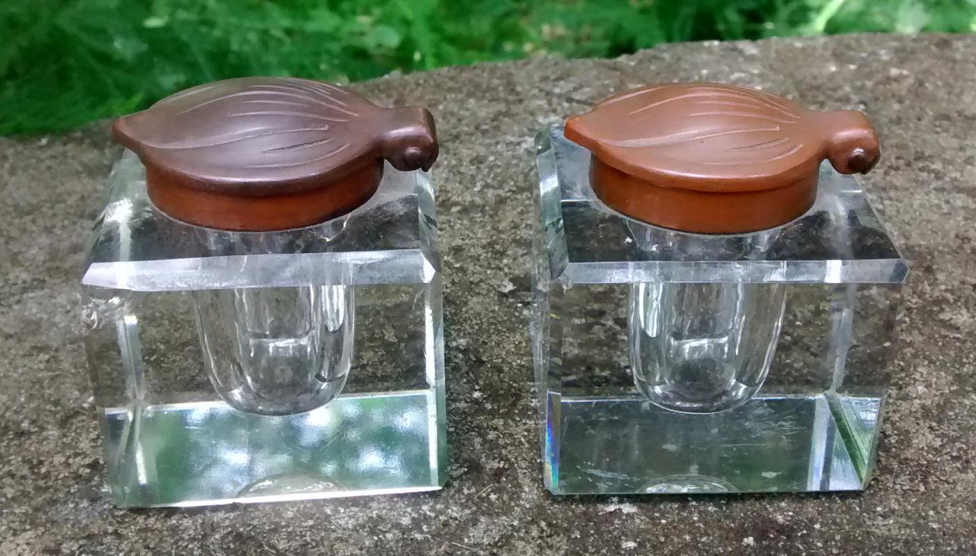 Art Nouveau Ink Well Pair Bronze Petal Lids Crystal Bases 1870s