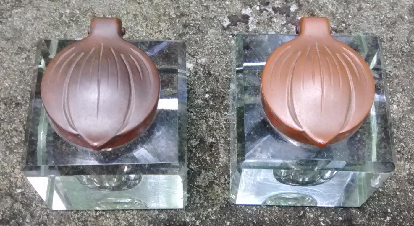 Art Nouveau Ink Well Pair Bronze Petal Lids Crystal Bases 1870s