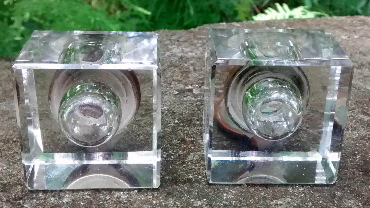 Art Nouveau Ink Well Pair Bronze Petal Lids Crystal Bases 1870s