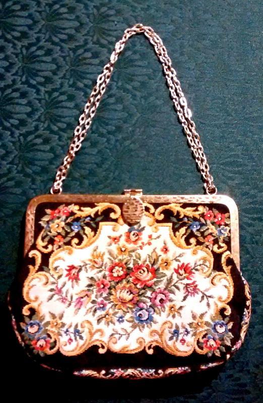Floral Tapestry Purse with Chain Black/MC 1950s Hong Kong
