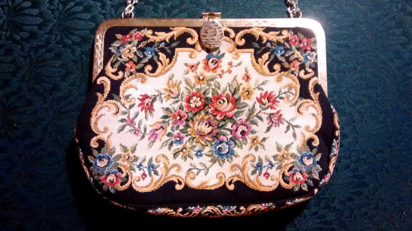Floral Tapestry Purse with Chain Black/MC 1950s Hong Kong