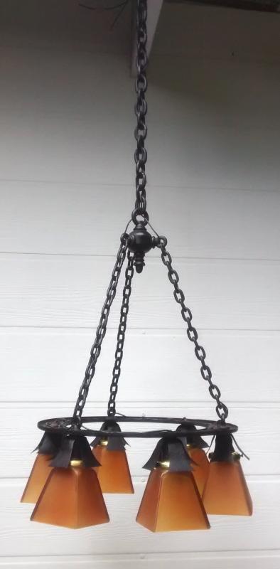 Antique Arts & Crafts Iron Chain Chandelier Early 1900s Rewired 48