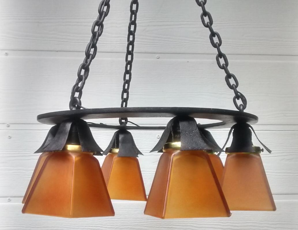 Antique Arts & Crafts Iron Chain Chandelier Early 1900s Rewired 48