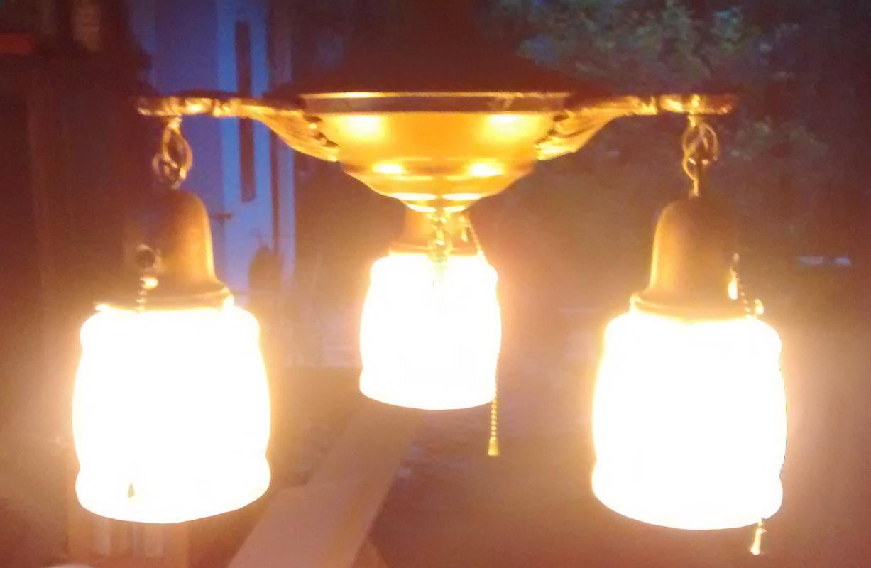 Antique Pan Chandelier 3-Light with Shades Early 1900s Rewired