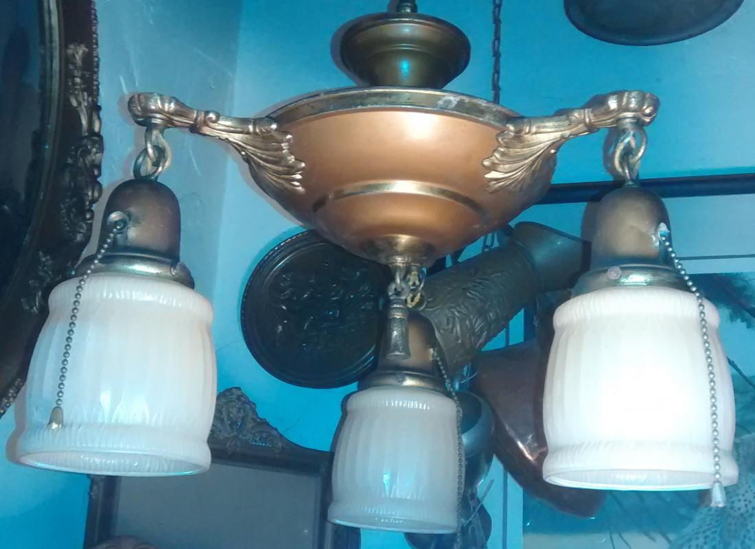 Antique Pan Chandelier 3-Light with Shades Early 1900s Rewired
