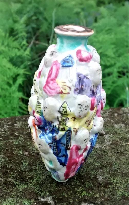 Chinese Porcelain Snuff Bottle Molded in Relief 18 Lohan Ca. 1900