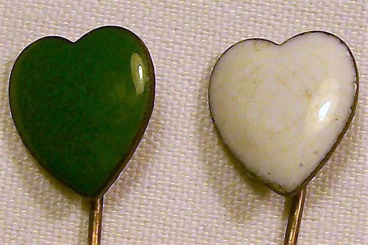 Late 1800's Scarf / Stick Pin Pair Enameled Hearts