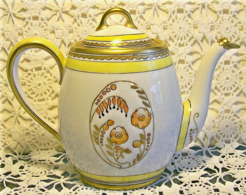 Art Deco Limoges Porcelain Teapot Orange Floral 5.5
