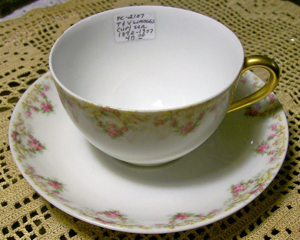 T&V Limoges Cups & Saucers #4290 Pink Roses 1892-1907 Pair