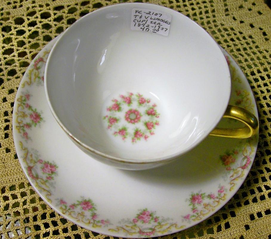 T&V Limoges Cups & Saucers #4290 Pink Roses 1892-1907 Pair