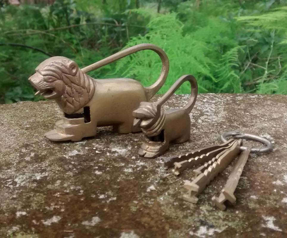 Vintage Brass Locks Figural Lion & Dog with Keys