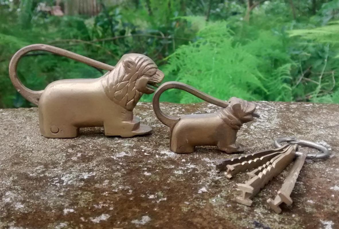 Vintage Brass Locks Figural Lion & Dog with Keys