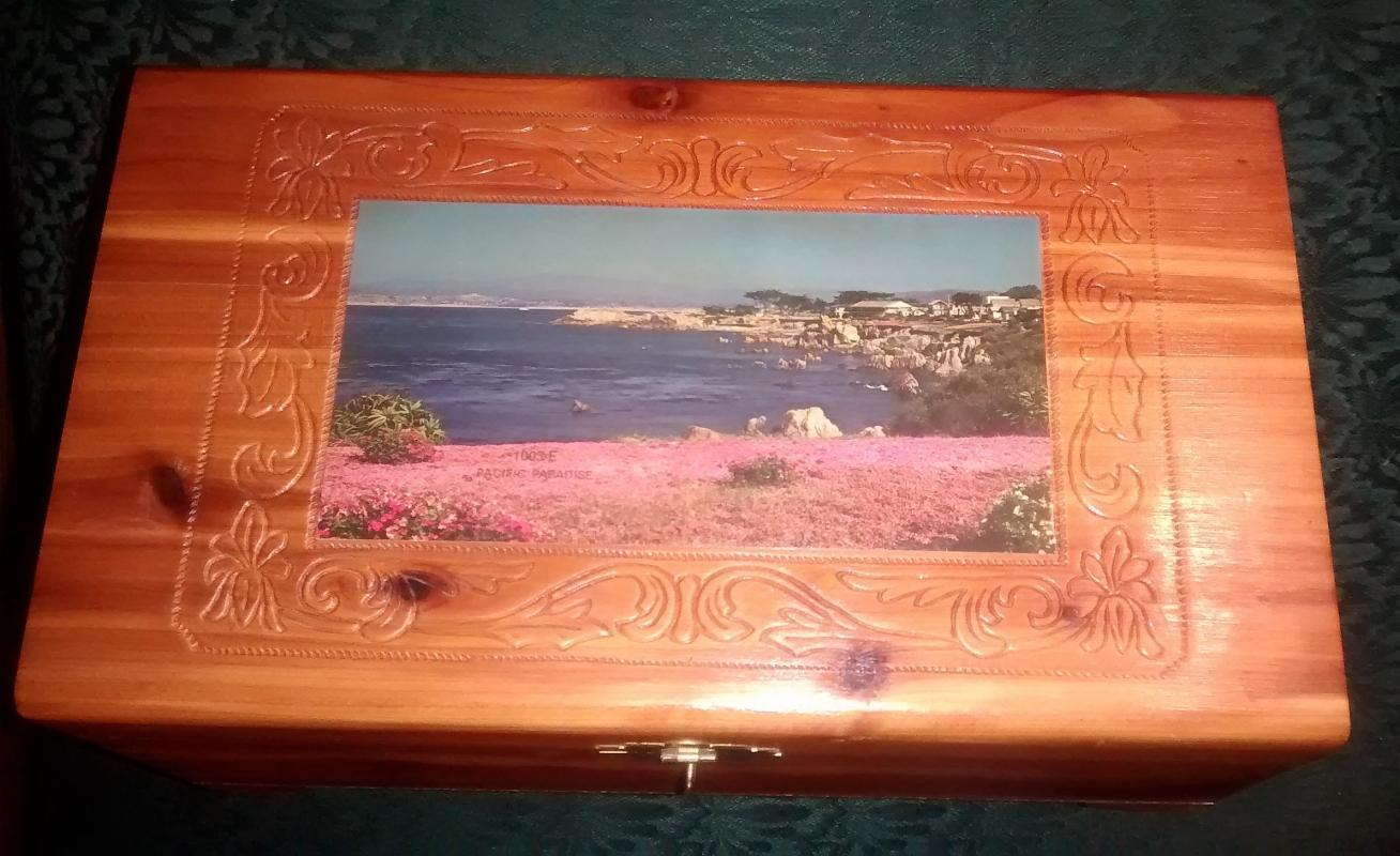 Wood Dresser Box with Mirror Molded Decoration Chromolithograph