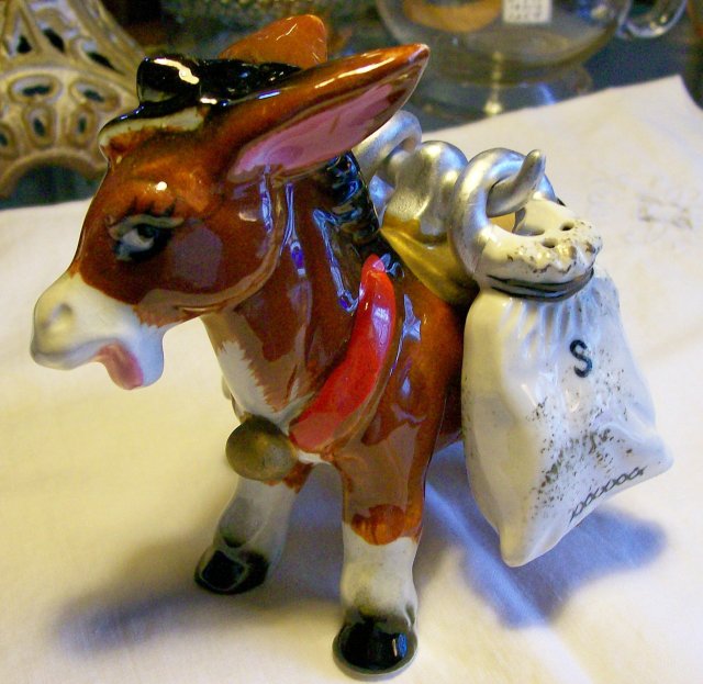 Ceramic Donkey Salt & Pepper Carrier with Sack Shakers 1950's Japan