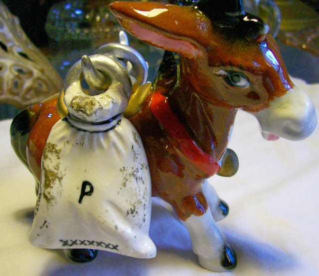 Ceramic Donkey Salt & Pepper Carrier with Sack Shakers 1950's Japan