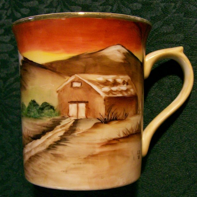 Bavarian-style Hand-Painted Porcelain Mug 1920s Cabin in Woods