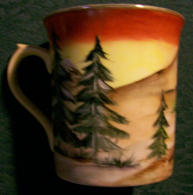 Bavarian-style Hand-Painted Porcelain Mug 1920s Cabin in Woods