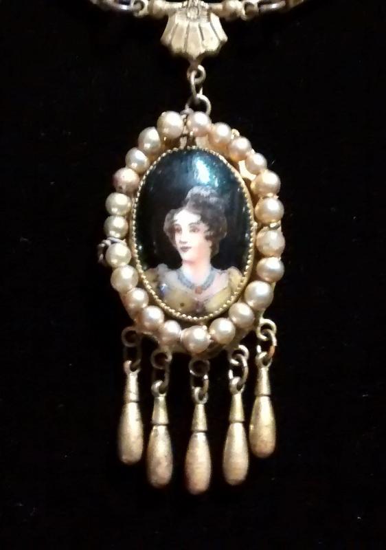 Czechoslovakian Portrait Pendant Necklace Book Chain